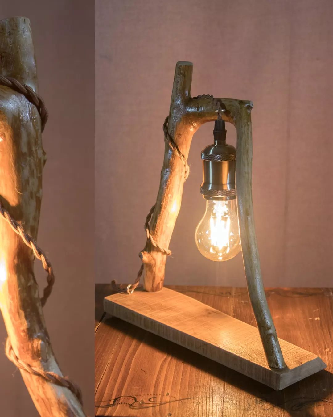 A uniquely crafted table lamp made of natural wood and a vintage Edison bulb