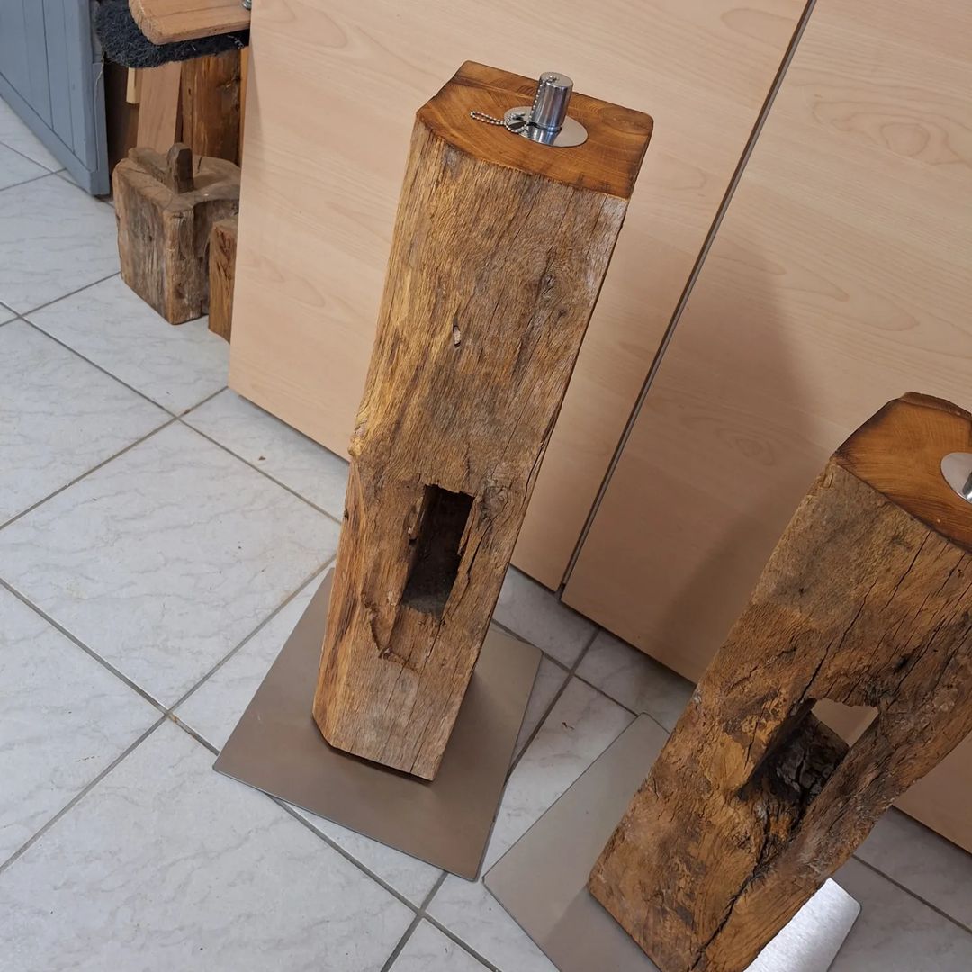 Rustic wooden bar stools on metal plates