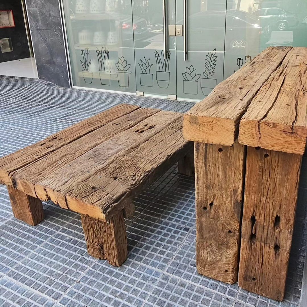 Rustic wooden bench with a unique, robust design