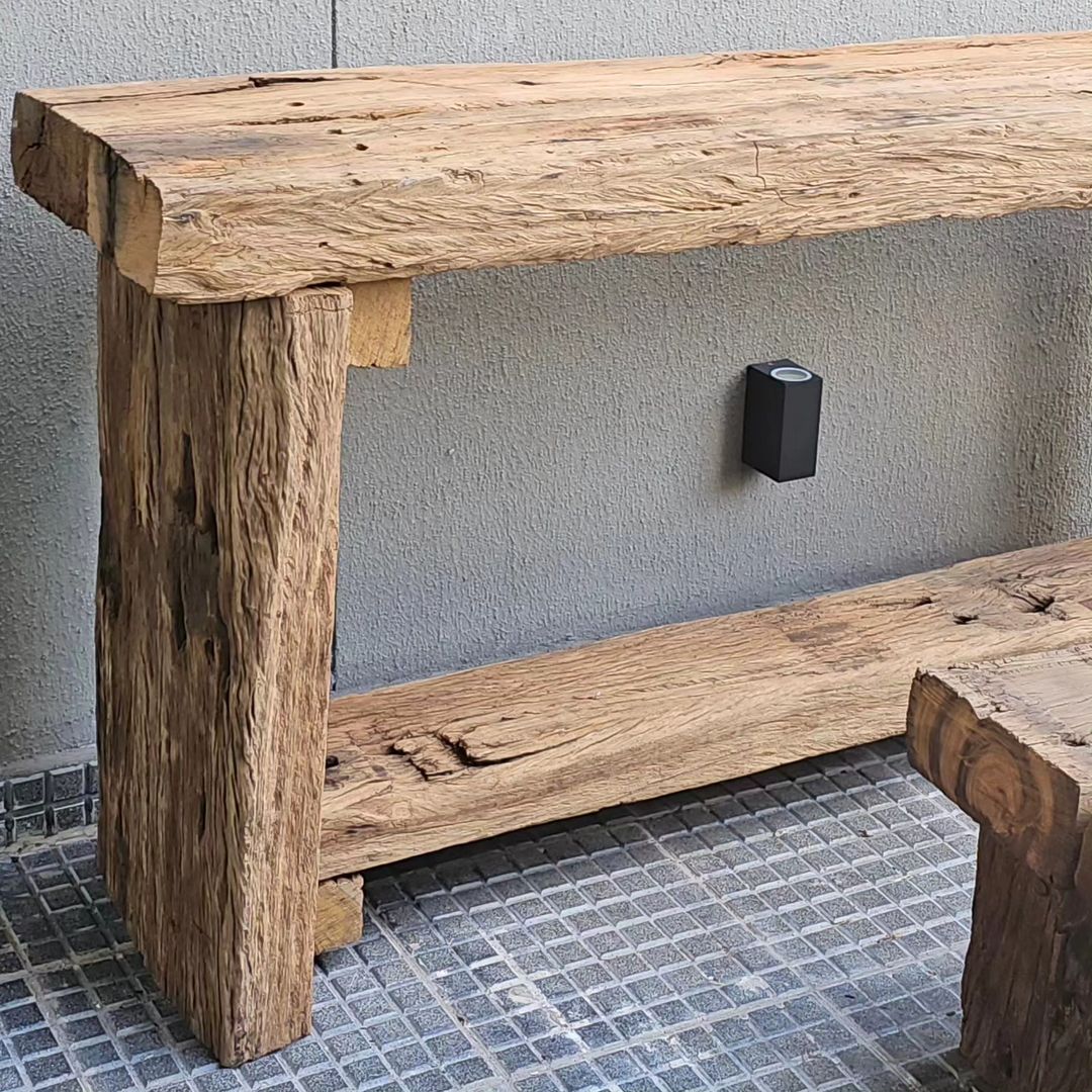 Rustic wooden bench with modern touch