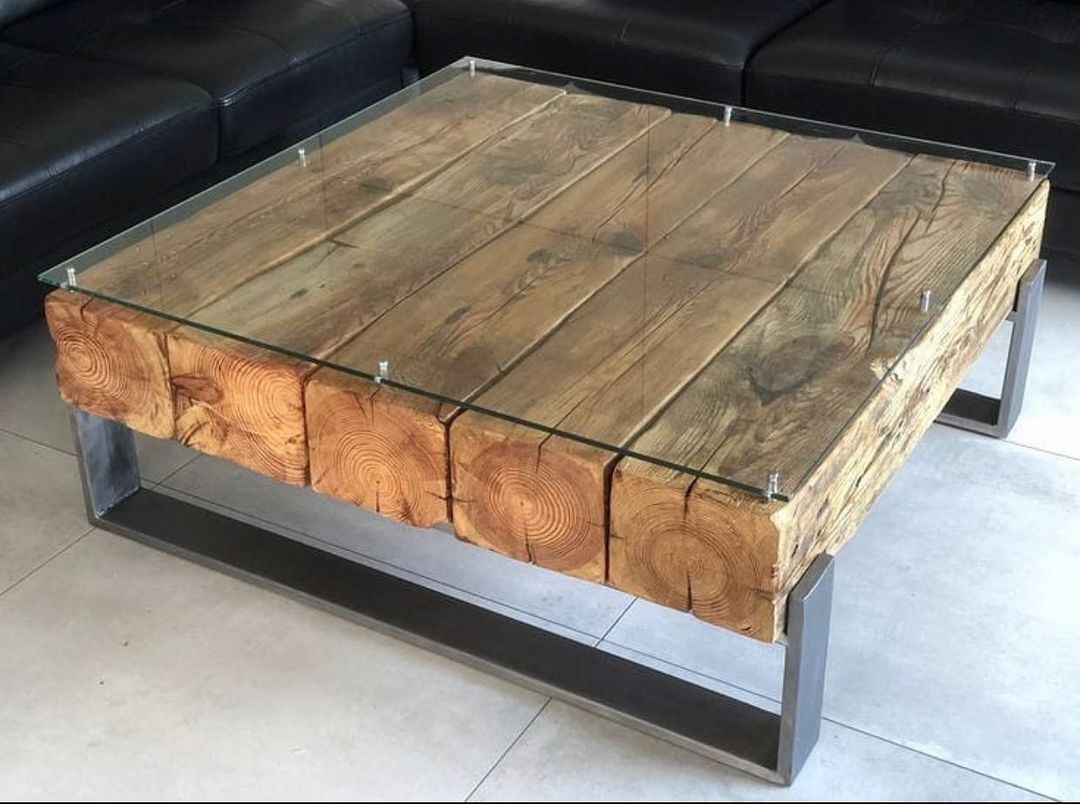 A modern coffee table crafted from cross-sections of natural wood