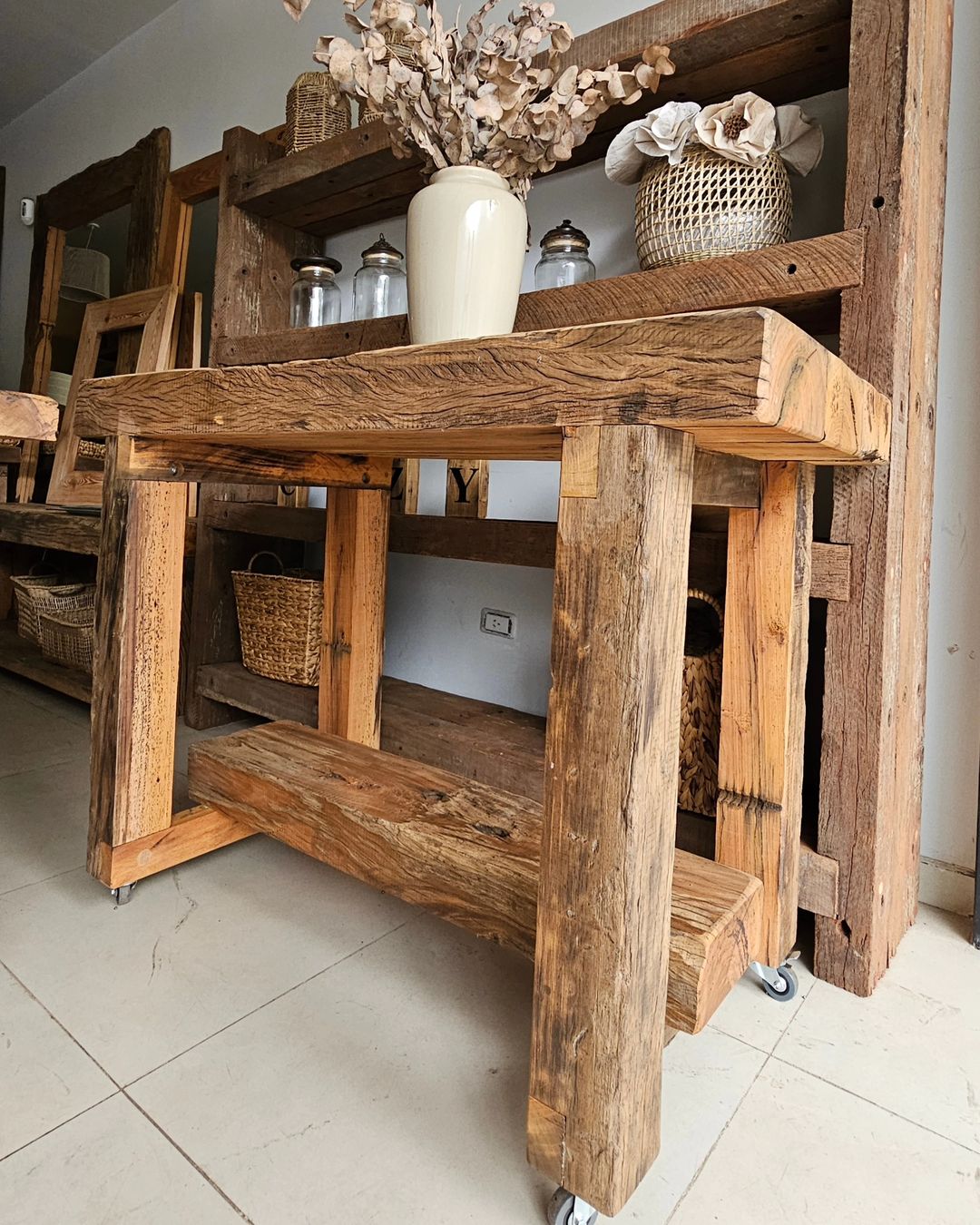 Rustic wooden console with decorative elements