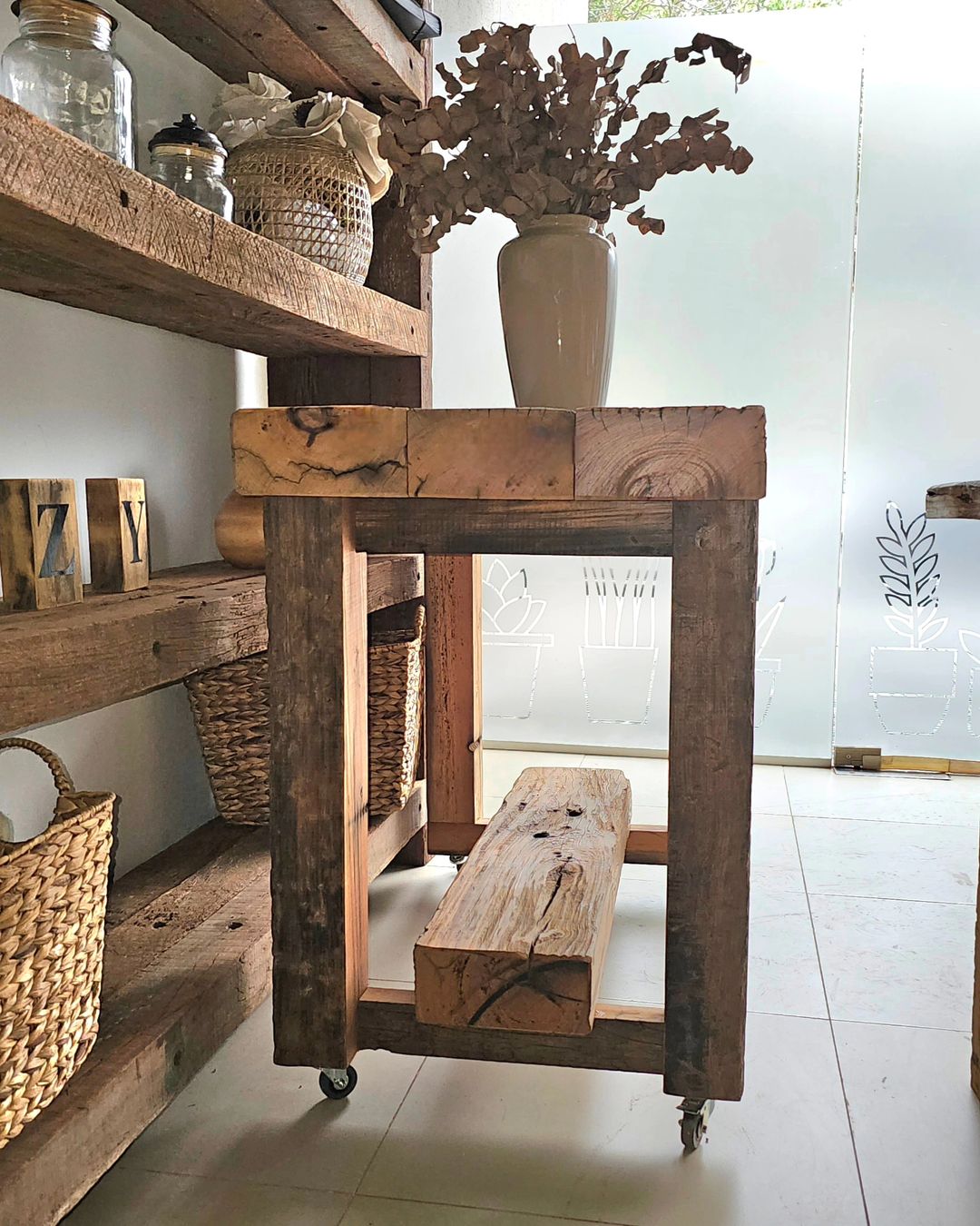 Rustic wooden kitchen cart