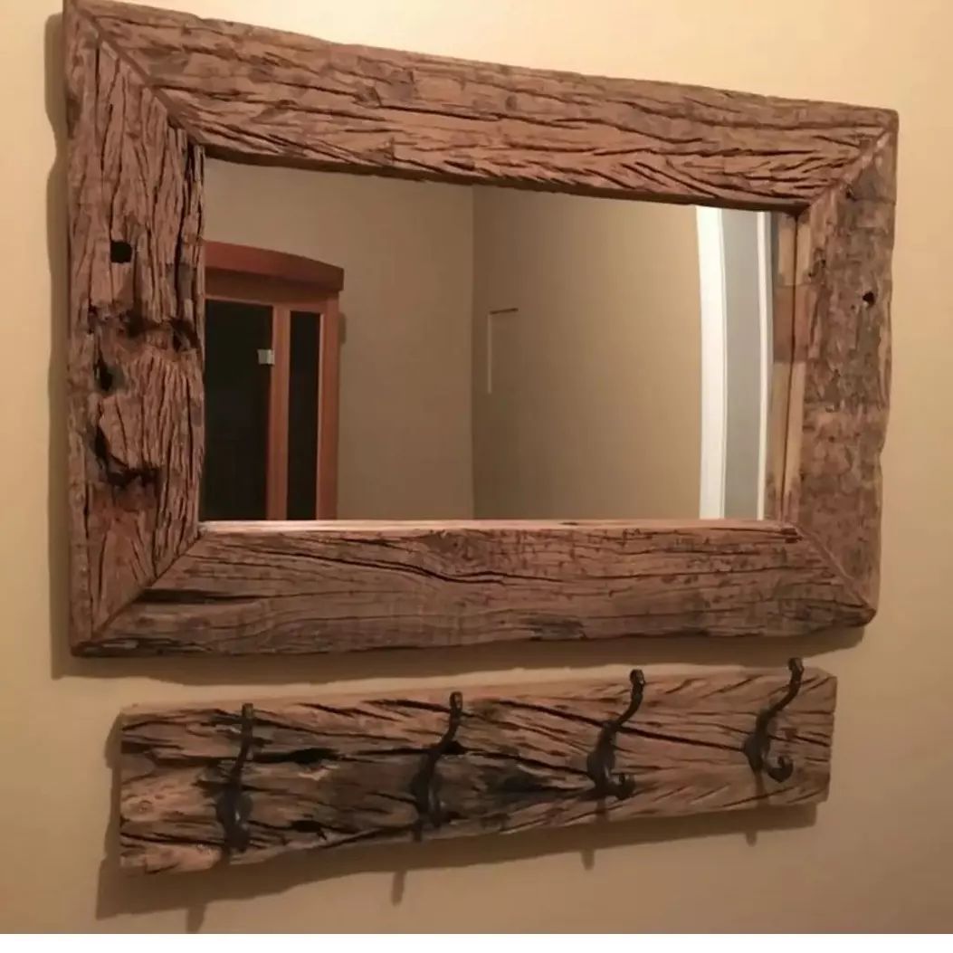 Rustic Wooden Mirror Frame with Mounted Hooks