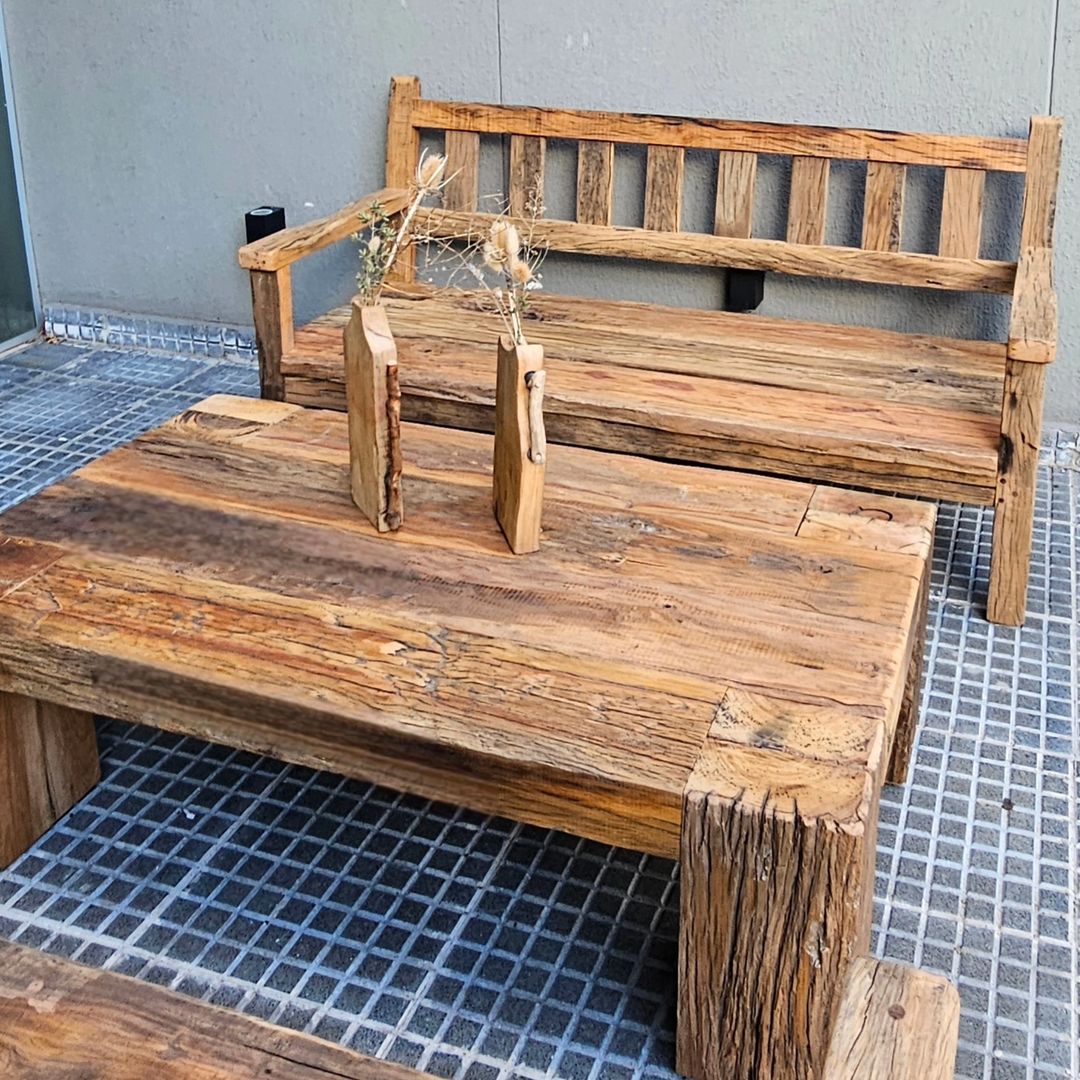 A rustic outdoor furniture set