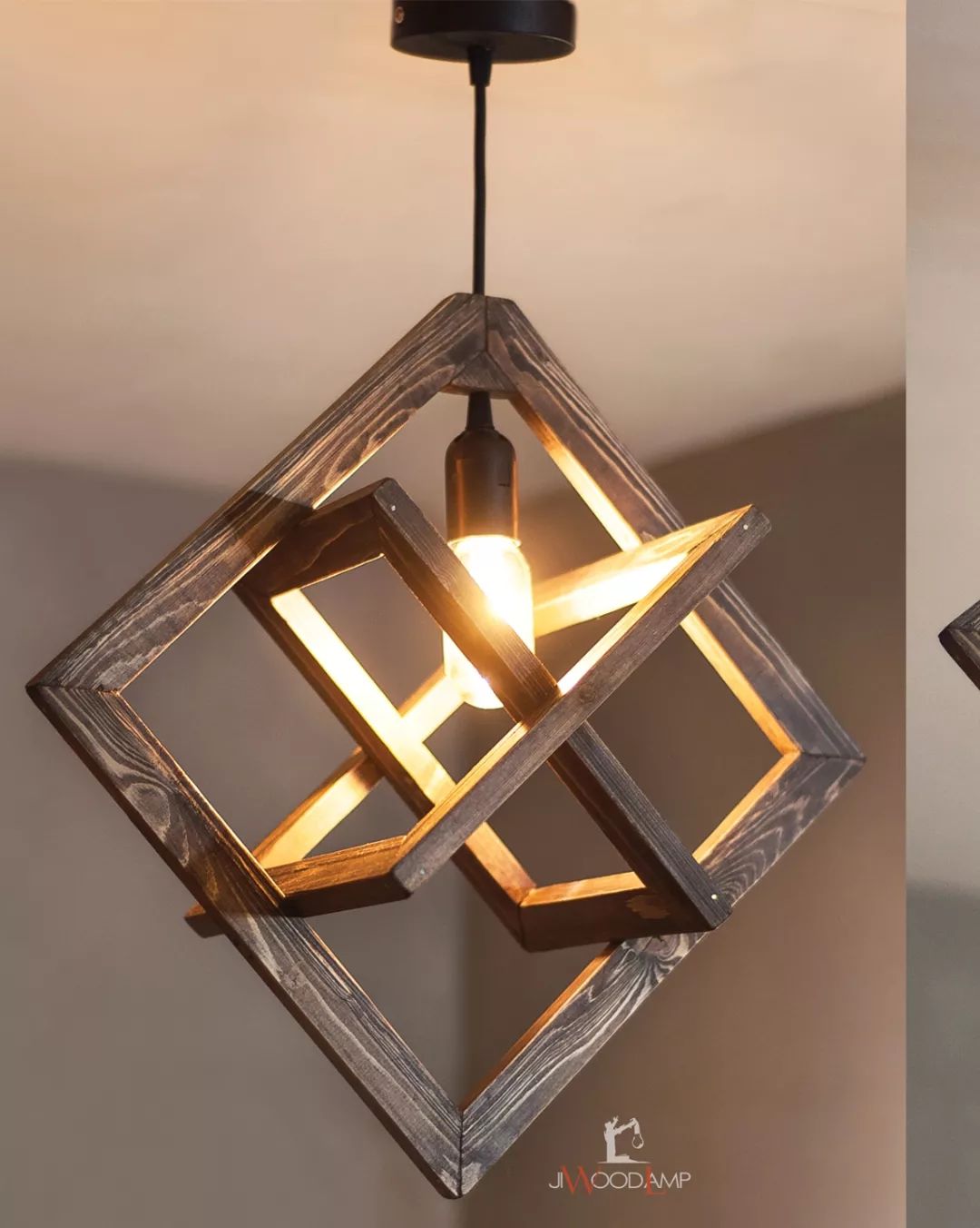 A rustic yet modern pendant light fixture featuring interlocking wooden squares around a single bulb.