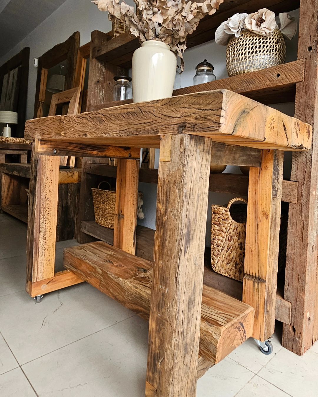 Rustic wooden shelving unit with decorative items