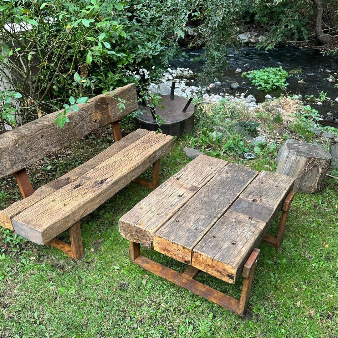 A rustic outdoor seating area