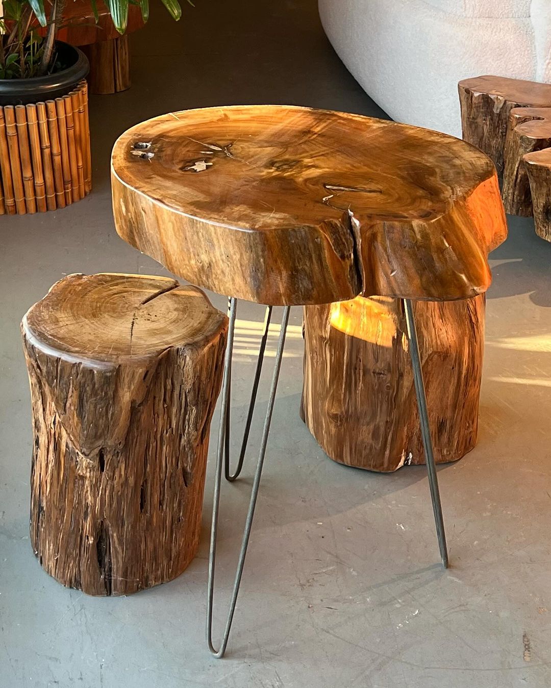 A rustic wooden table with natural edges and metal hairpin legs, paired with two rough-hewn log stools