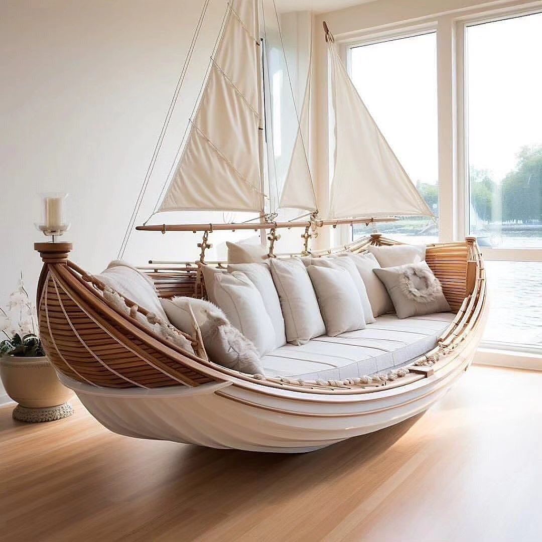 A unique boat-shaped hanging daybed with plush cushions and sails