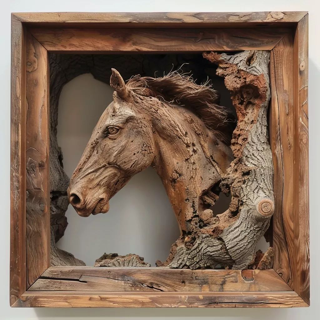 A wooden sculpture of a horse's head emerging from a textured wooden frame