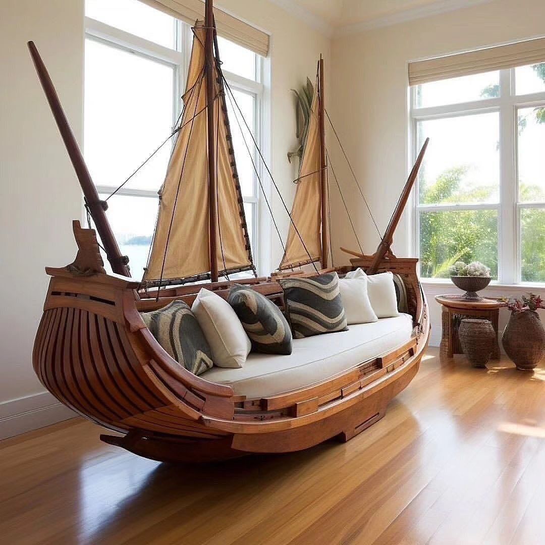 A unique and creative nautical-themed indoor hammock shaped like a wooden ship