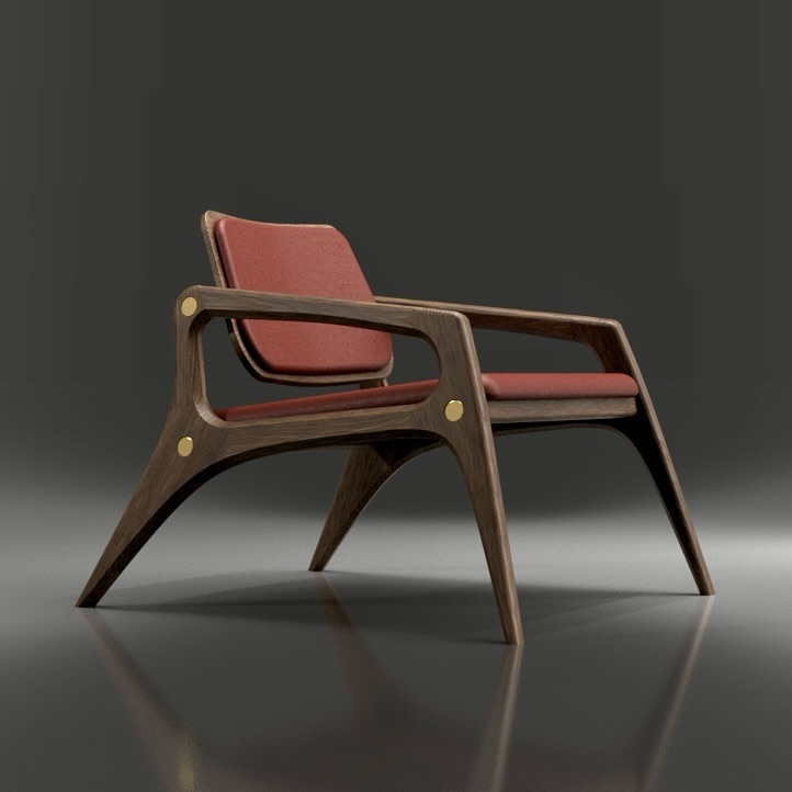 A modern armchair with sleek wooden frame and red cushions