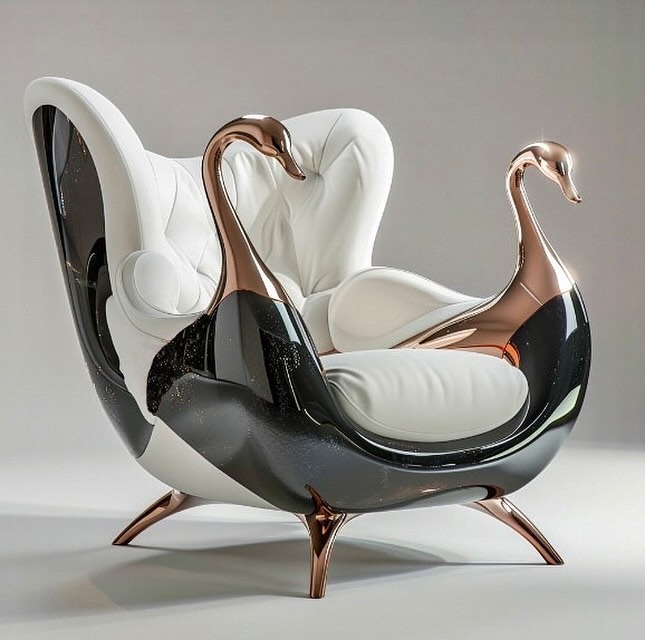 A modern, sculptural swan-inspired chair with copper accents