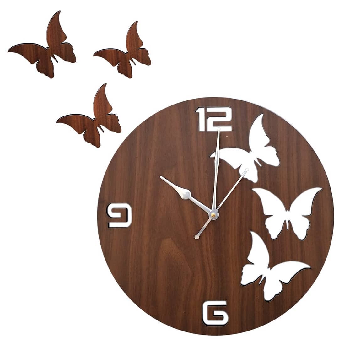 A stylish wall clock featuring a wooden design with white butterfly silhouettes and additional butterfly accents flying outward