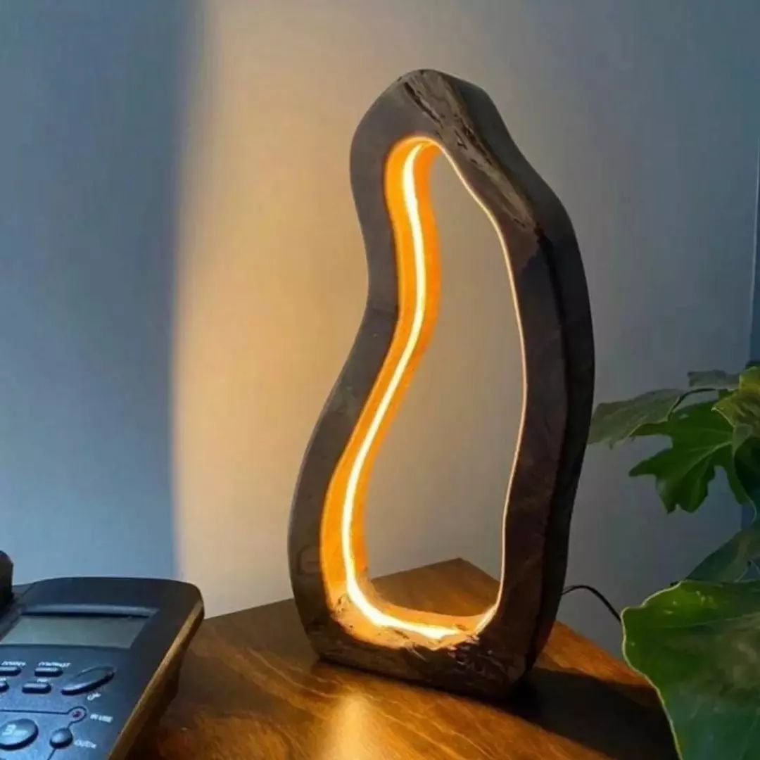 Unique Wooden Table Lamp with Illuminated Resin Accent