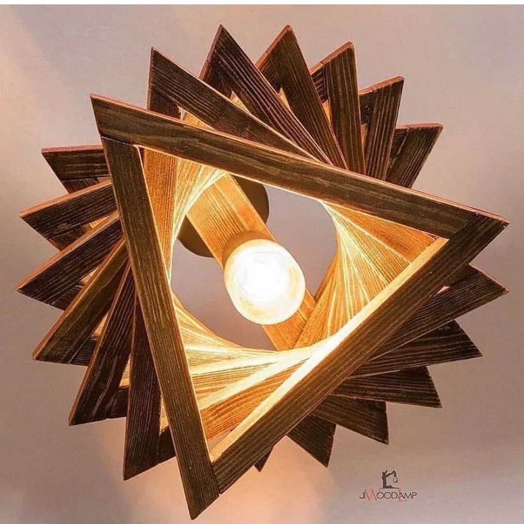 A geometric wooden lamp casting a warm glow