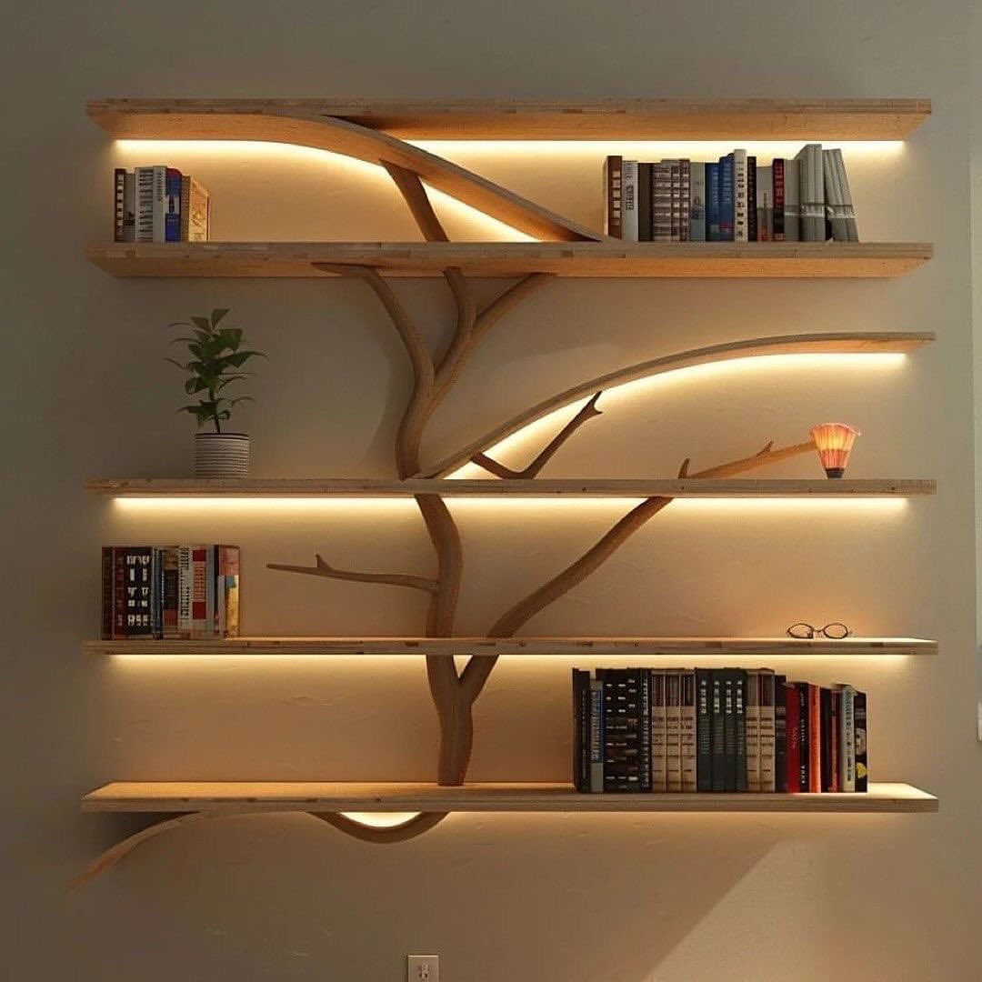 A unique tree-inspired bookshelf with integrated lighting