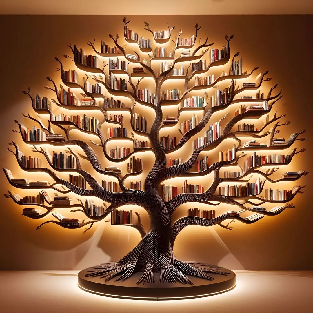 A creatively designed bookshelf in the form of a tree, with numerous branches serving as shelves packed with books.