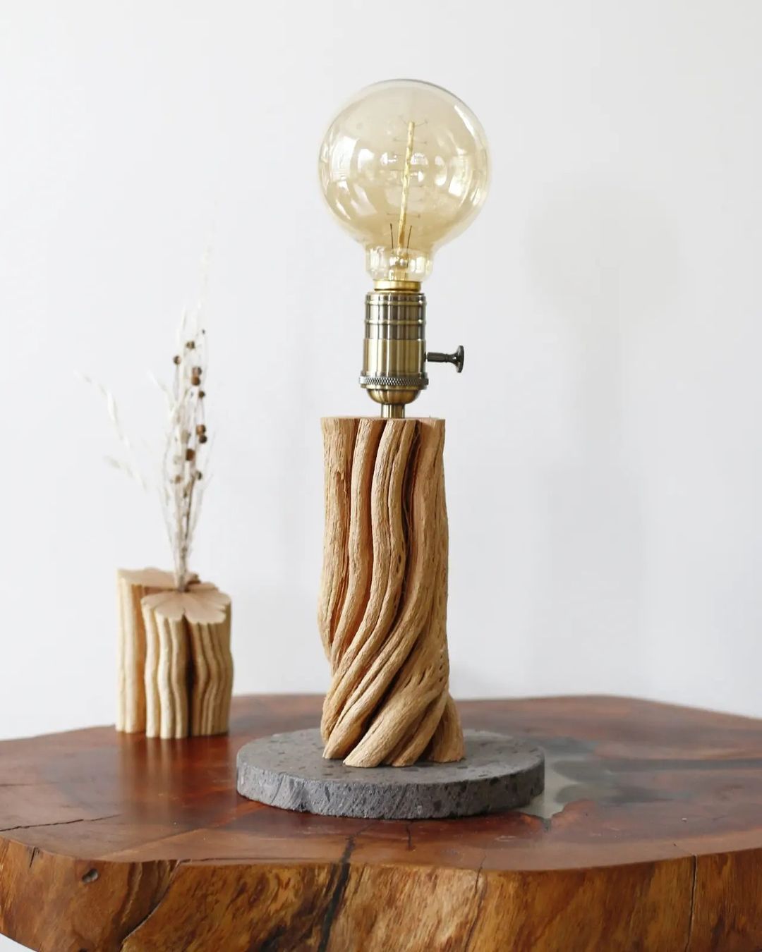 Twisted Wood and Glass Bulb Lamp