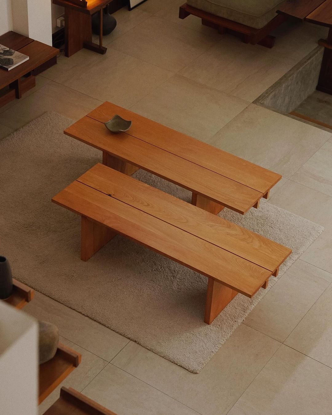 Minimalist Wooden Benches on a Beige Rug