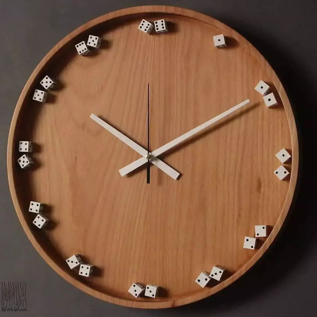 A unique wall clock featuring dice as hour markers