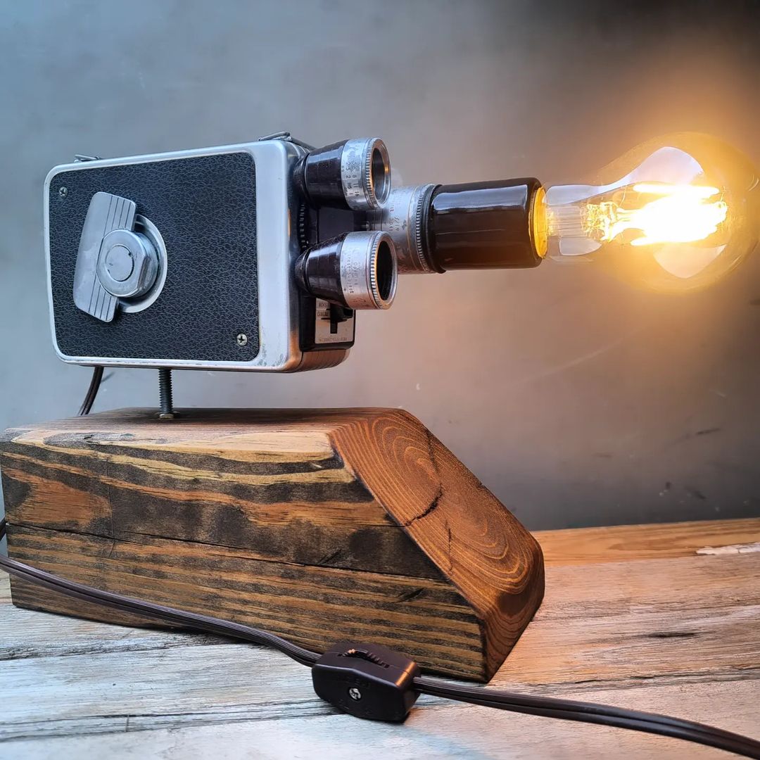 A unique lamp design fashioned from a vintage camera