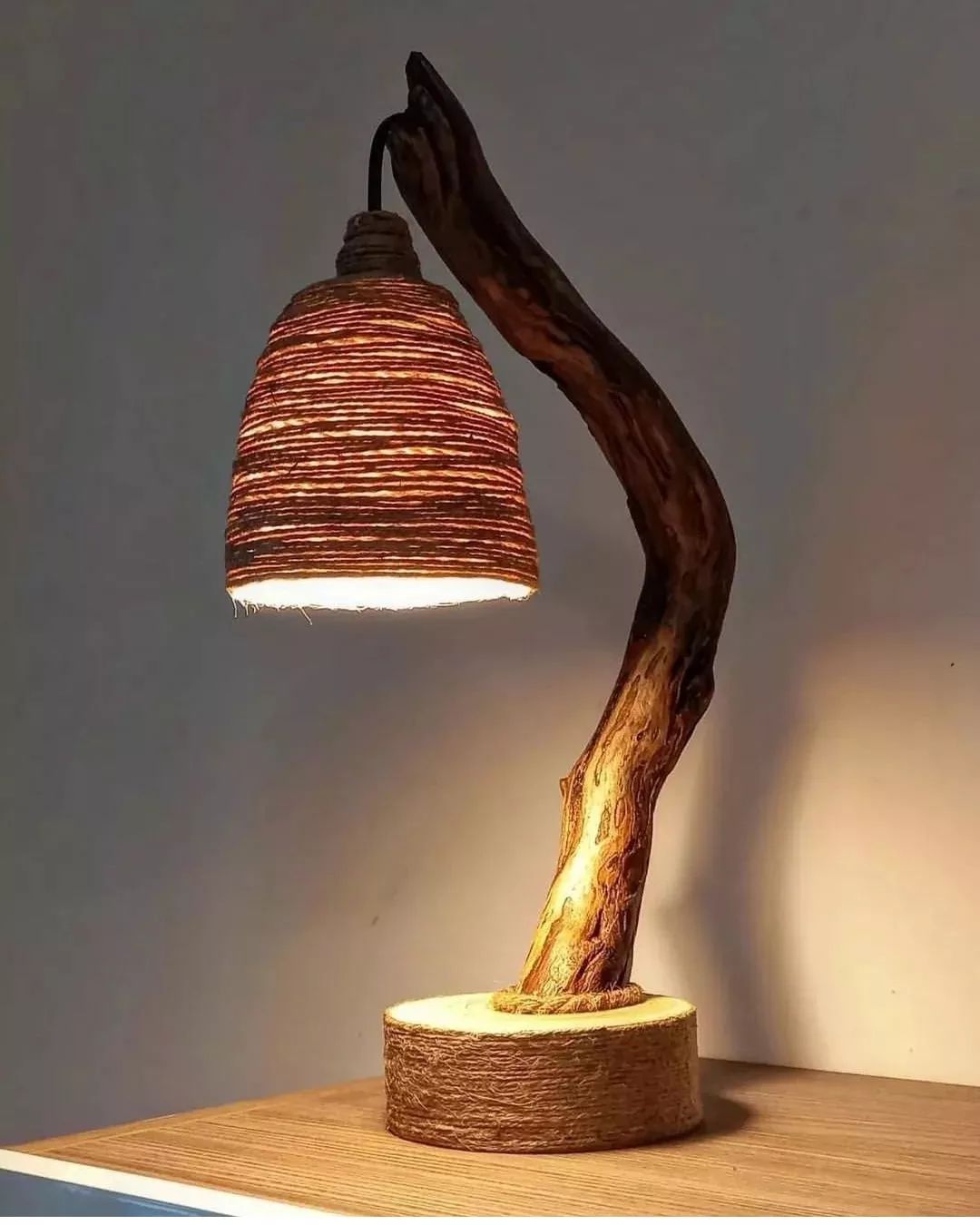 Unique Wooden Lamp with Woven Shade