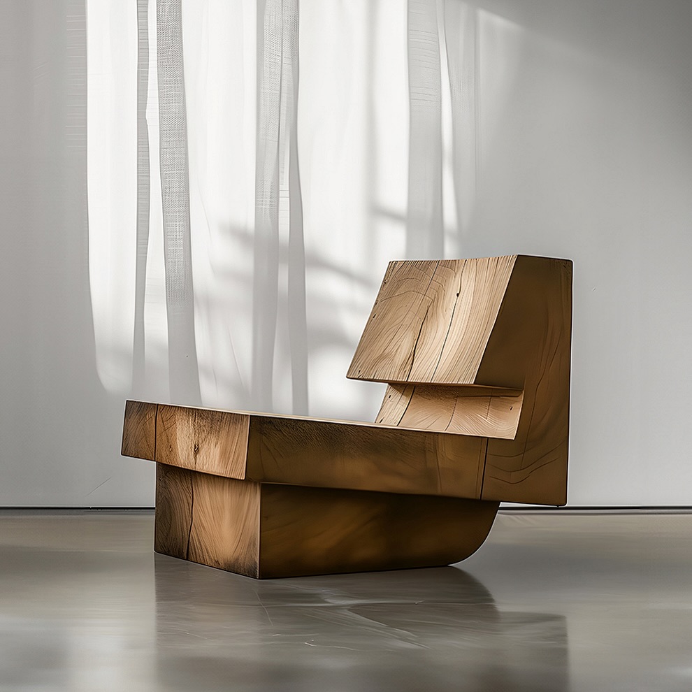 A uniquely sculpted wooden chair with abstract geometric shapes