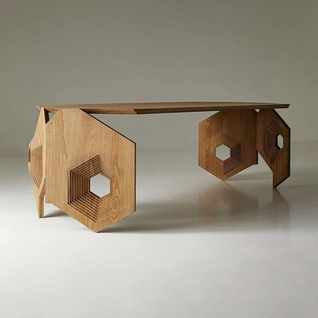 Unique Wooden Table with Geometric Base Legs