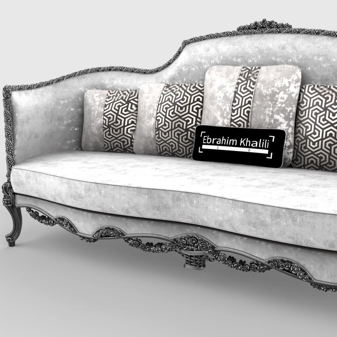 An ornate vintage sofa with intricate details and plush cushions.