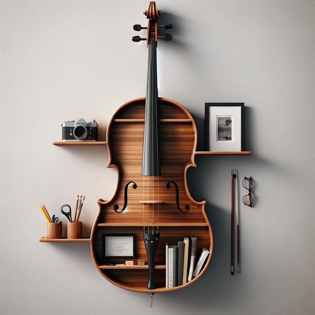 A uniquely crafted violin-shaped wall shelf that cleverly doubles as storage space