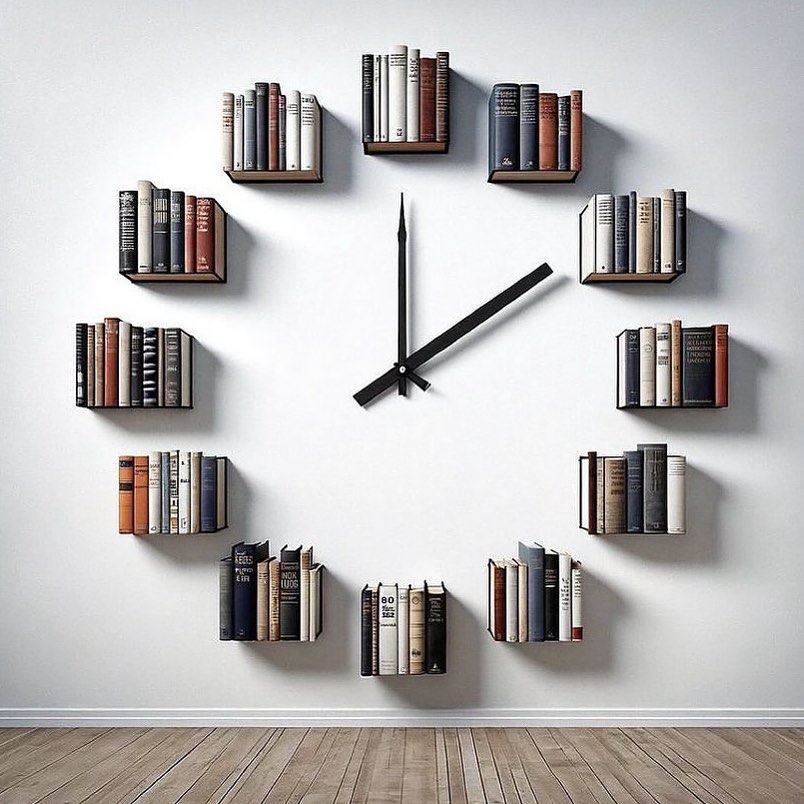 A unique wall-mounted bookshelf arrangement forming the numbers of a clock with real clock hands pointing to the time