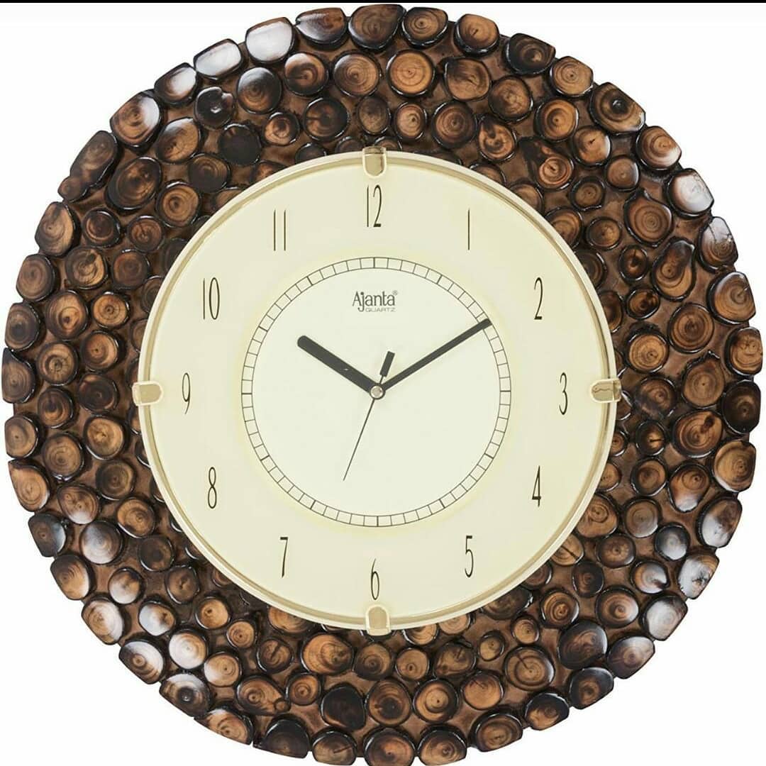 A distinctive wall clock with a wooden slice frame