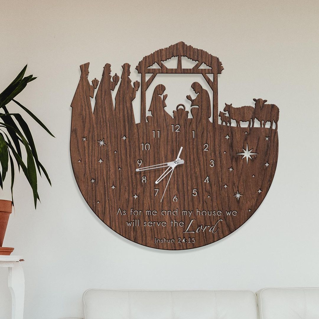 A wooden wall clock with biblical verse and rustic design