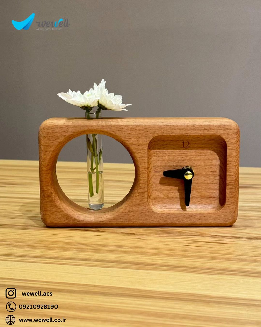 A functional and stylish wooden clock with integrated vase holding fresh flowers