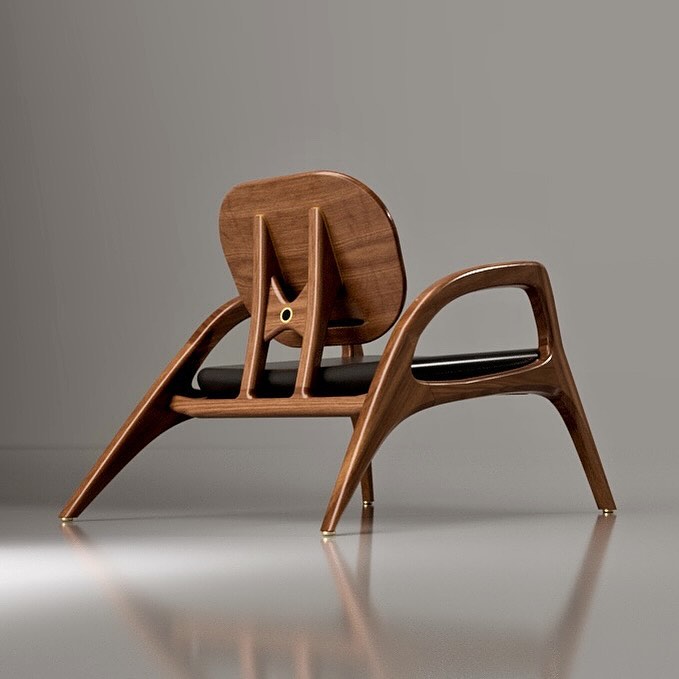 A uniquely designed wooden lounge chair with a mid-century modern aesthetic