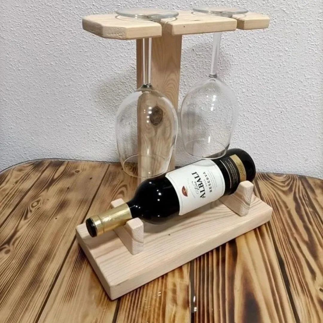 A cleverly designed wooden wine bottle and glass holder