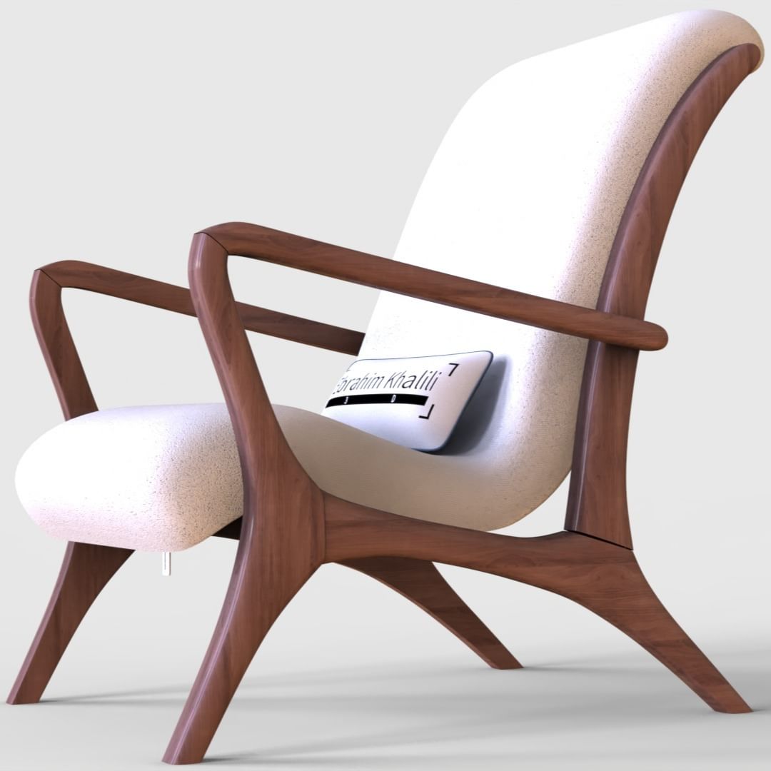 A stylish mid-century modern armchair with a curved wooden frame