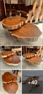 A uniquely crafted wooden coffee table resembling stacked tree cross-sections