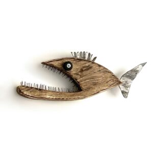 Artistic wooden fish sculpture with metal detailing