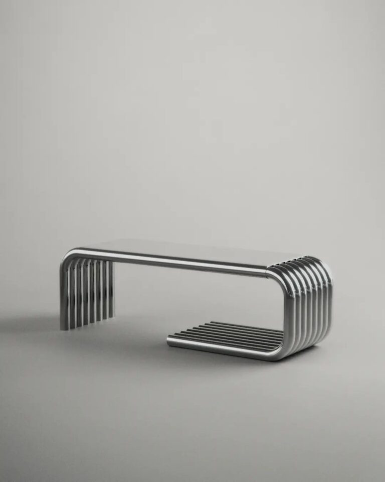 A unique and modern metallic bench design featuring parallel bars bent in a U-shape